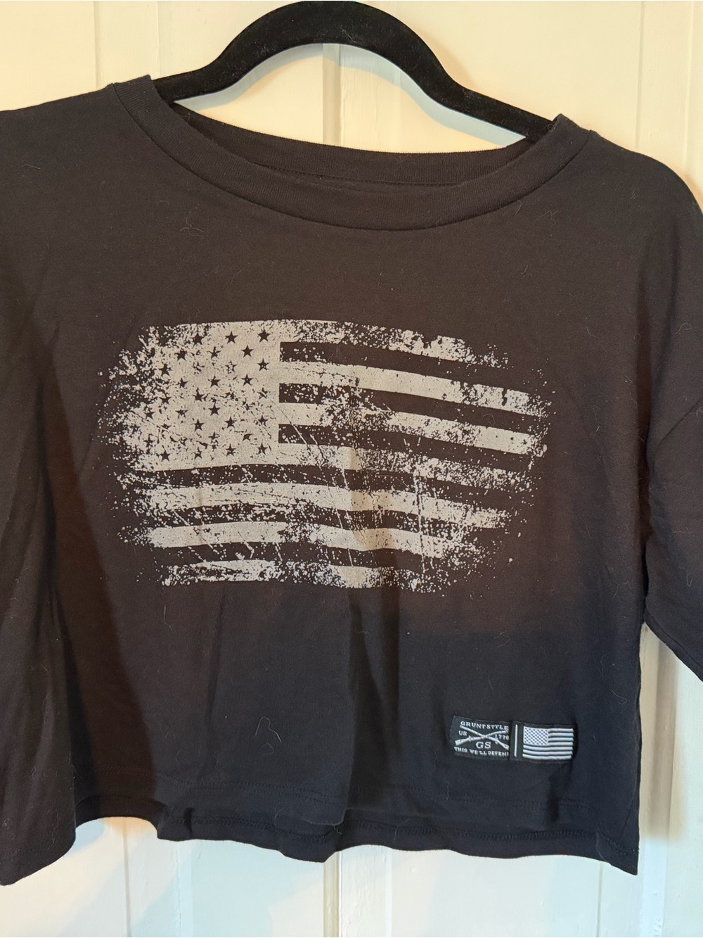 Grunt Brand Black Short Sleeve Tee with Distressed White Flag